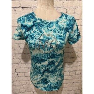 MICHAEL KORS Women's Size S Blue & White Tie Dye Silver Stud MK Logo T-Shirt